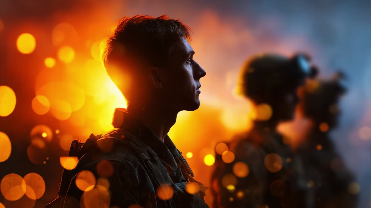 A Silhouette of Resolve: A Soldier Stands Vigilantly Amidst a Fiery Background, Symbolizing Courage and Composure in Conflict, as He Faces Uncertain Challenges with Steadfast Determination
