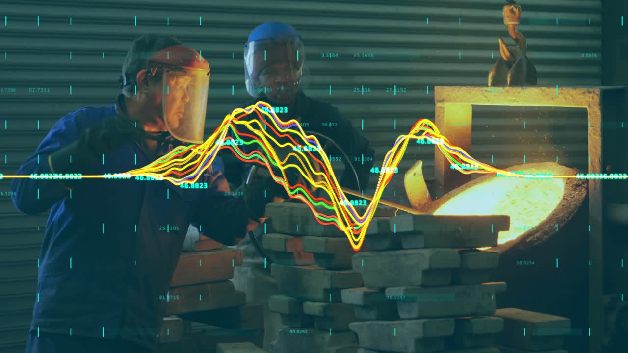 Upon senior worker pointing to waveform junior worker inserting sampling rod into foundry furnace