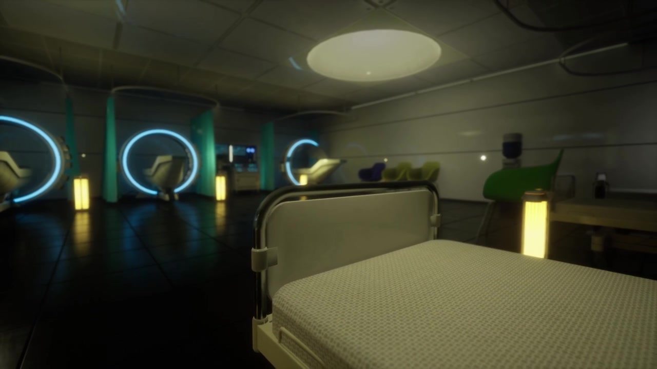 Vivid neonlit accommodations with circular design elements and soft bedding