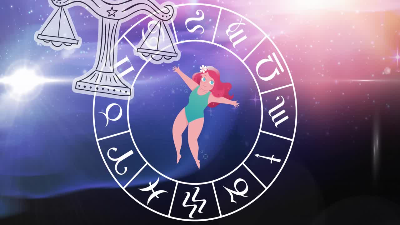 animación de libra sobre la rueda del zodiaco giratoria sobre el cosmos
