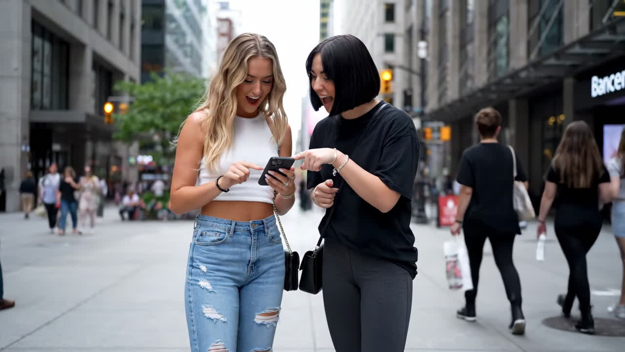 Two Young Women Friends Walking and Interacting with a Smartphone on a City Street