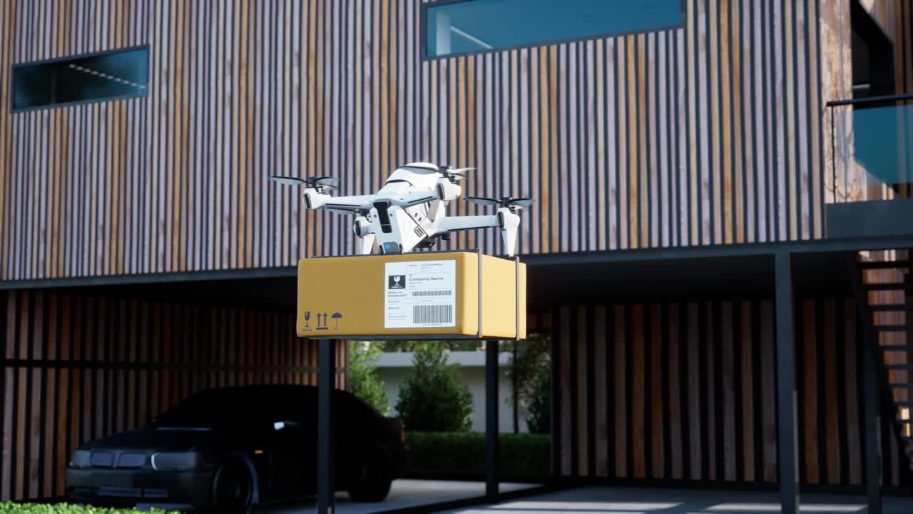 el concepto de transporte aéreo de negocios por avión no tripulado, robot de transporte autónomo