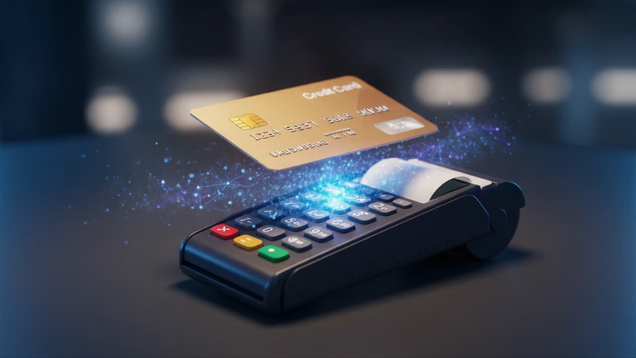 An Innovative Payment Terminal Showcasing Contactless Technology with a Credit Card Being Processed and the Magical Glow of Digital Transactions in a Modern Setting