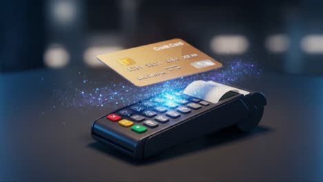 an innovative payment terminal showcasing contactless technology with a credit card being processed and the magical glow of digital transactions in a modern setting