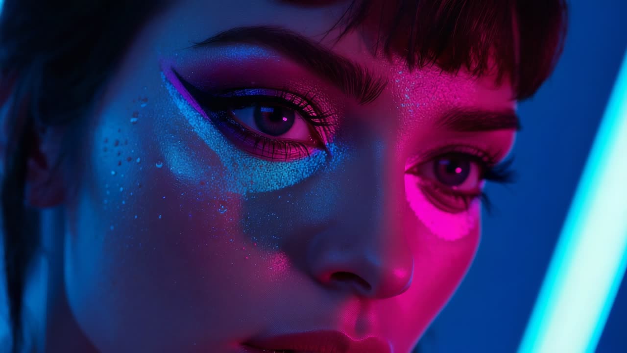 Turning on neon tube causing female model posing calmly for shoot in studio, with glitter accents