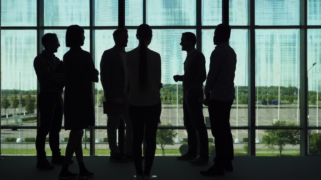 Tracking backlit shot of group of business people standing by window in office hall and talking. Silhouettes of six colleagues having discussion