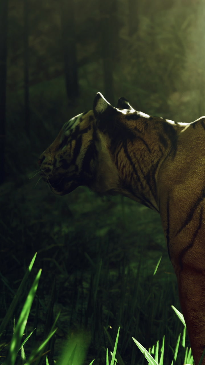 Tiger walks through tall grass in a forest during daylight hours