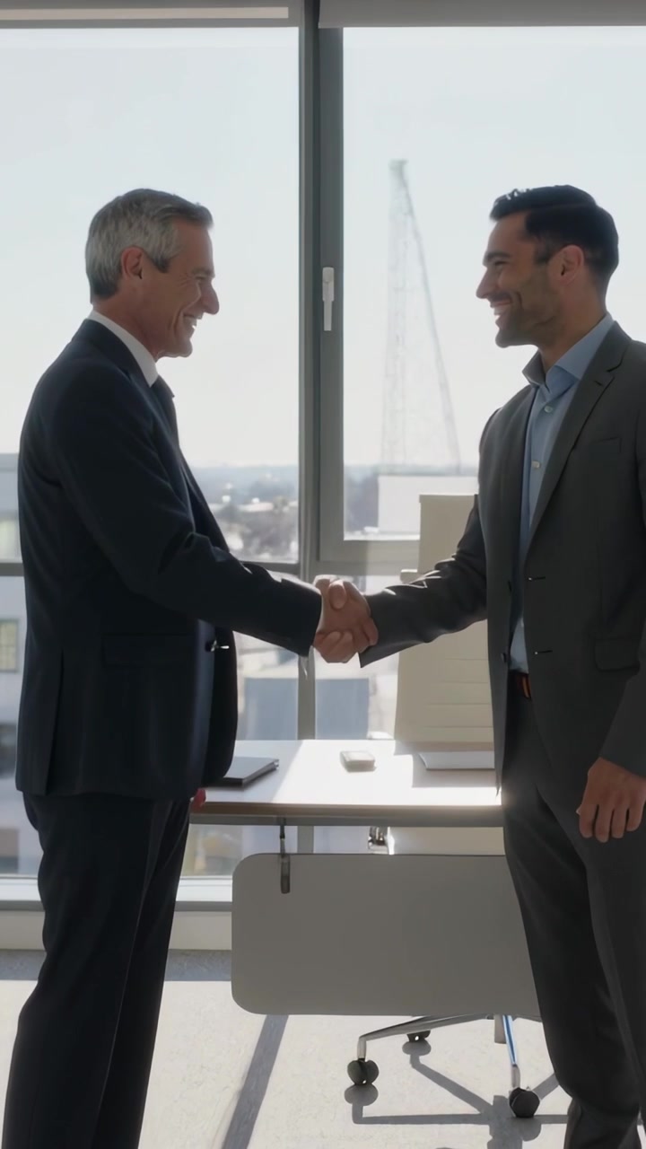 Vertical video: Shaking two men in suits exchanging firm handshake at office desk, meeting starting