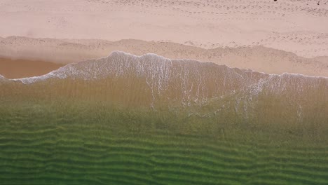 una vista de pájaro de pequeñas olas rompiendo en la arena dorada