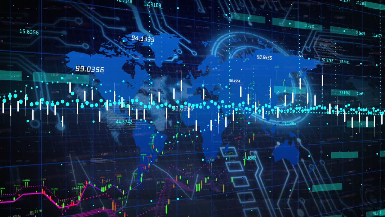 Visualizing global financial data with graphs and digital world map animation
