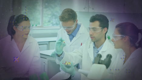 animación de formas sobre científicos caucásicos haciendo experimentos
