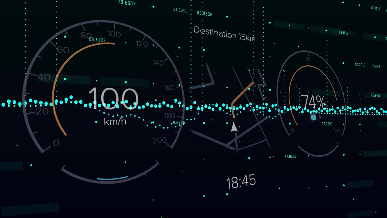 Dark dashboard appearing then gauge rising from9km or h to100km or h then dropping visualizing progr