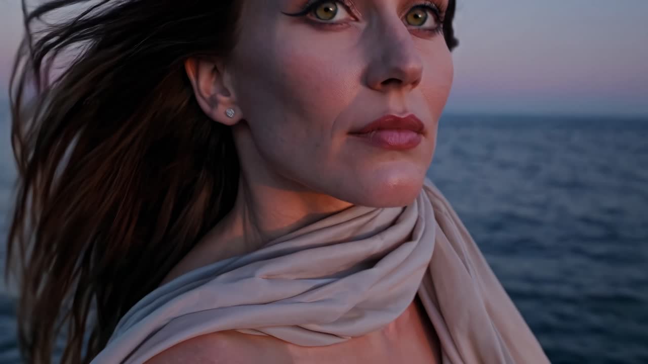 Primo piano di un video di una donna assorta che guarda l'orizzonte sull'oceano al tramonto