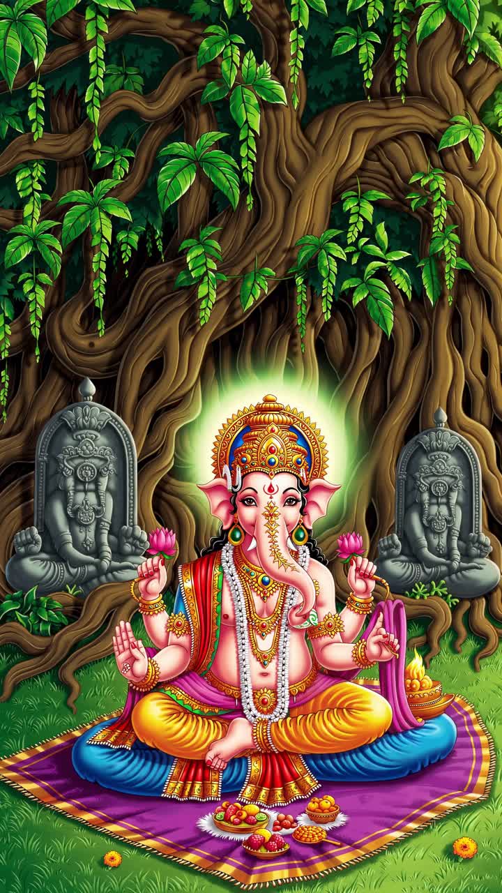 Ganesha deity sitting cross legged under spreading Banyan branches, adorned with colorful garments, jewelry, surrounded by ritual fruits and traditional offerings
