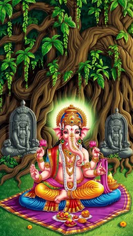 ganesha deity sitting cross legged under spreading banyan branches, adorned with colorful garments, jewelry, surrounded by ritual fruits and traditional offerings
