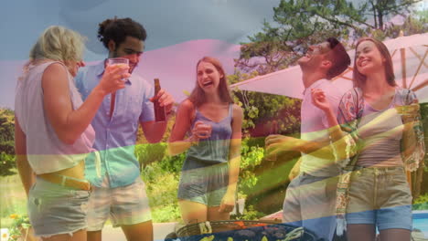 animación de la bandera de alemania ondeando sobre felices amigos diversos con bebidas bailando cerca de la barbacoa