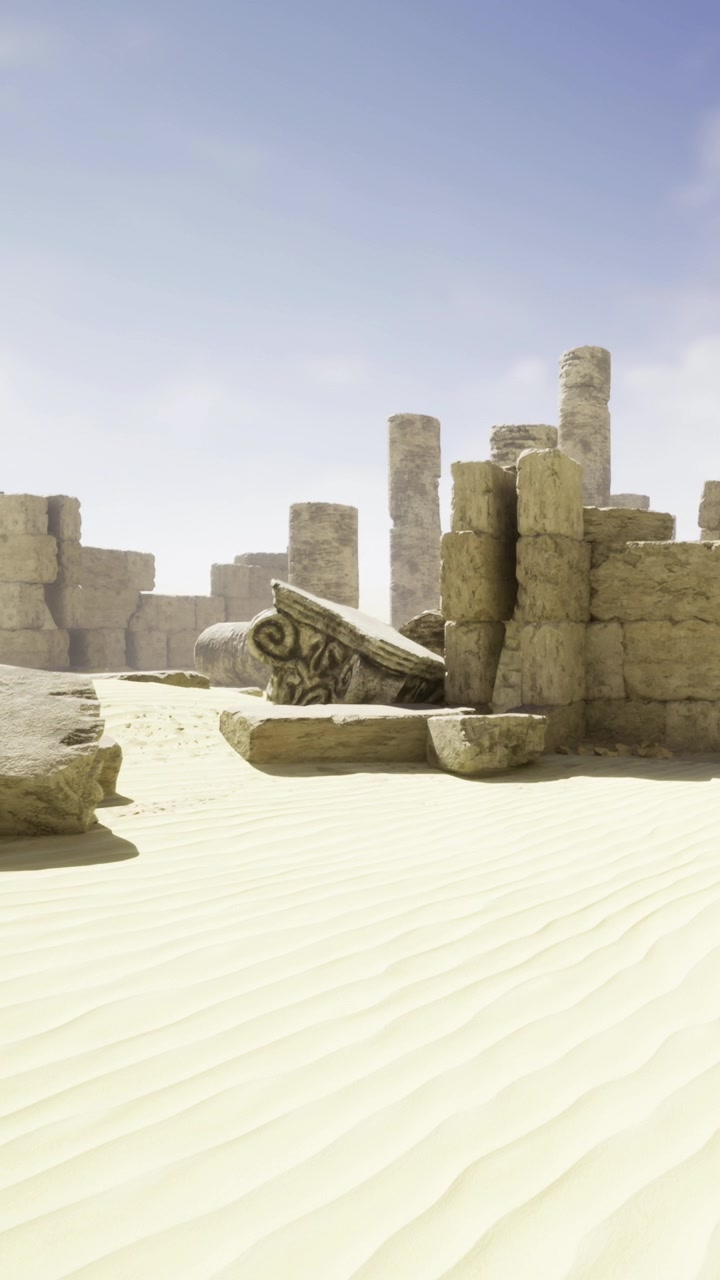 Rovine di un'antica struttura nel deserto vicino a alte colonne e sabbia
