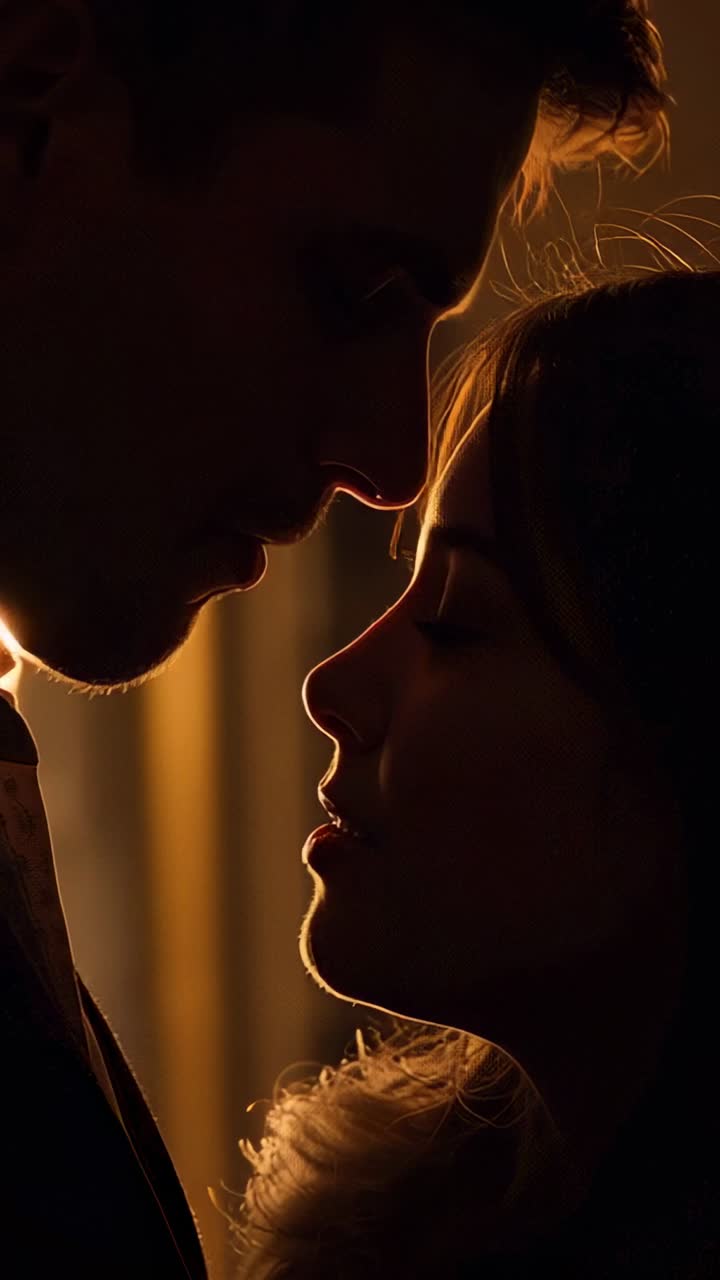 Vertical video: Softening gaze drawing couple leaning closer in dim room, lamp flare and fur collar