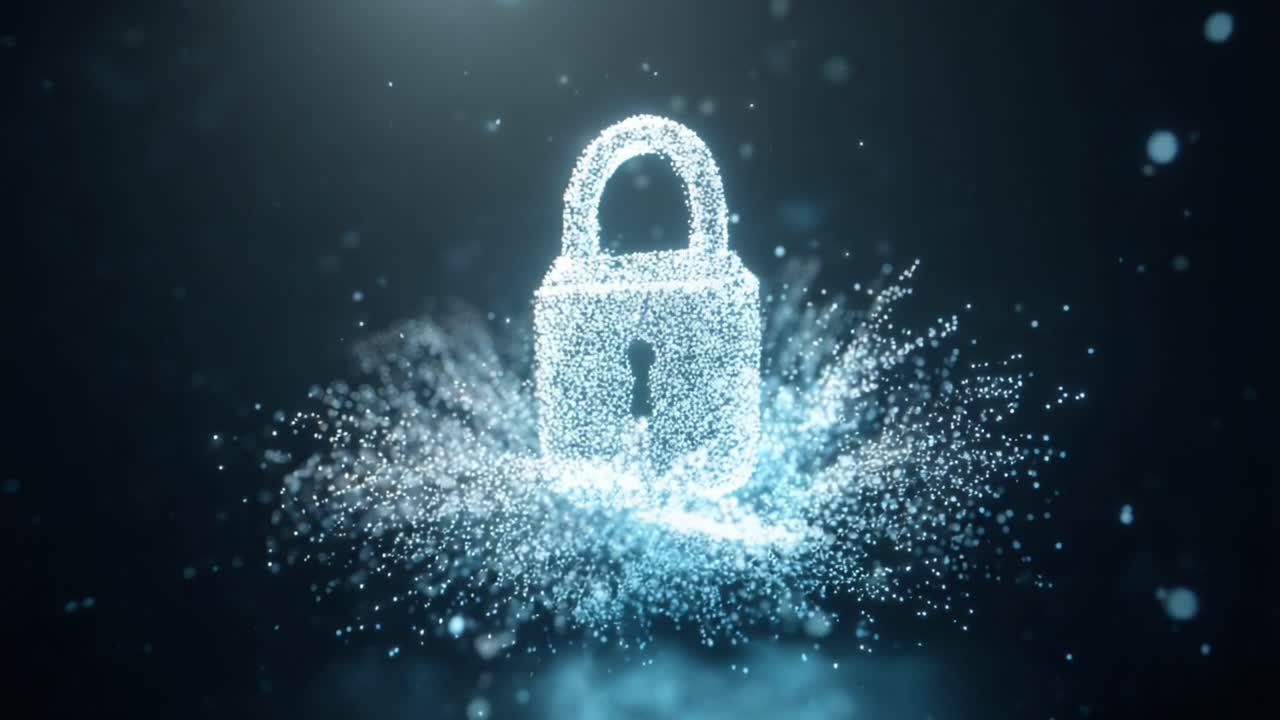 A shimmering digital lock composed of sparkling particles, symbolizing security and protection against threats in a captivating, ethereal atmosphere of light and depth