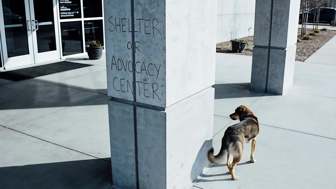 Walking brown collared dog circling column with sign at entrance responding to motion, copy space