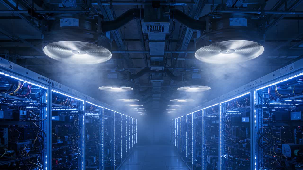 Exploring the Inner Workings of Advanced Cooling Systems in a Modern Data Center, Showcasing High-Tech Equipment and Cooling Solutions for Optimal Performance