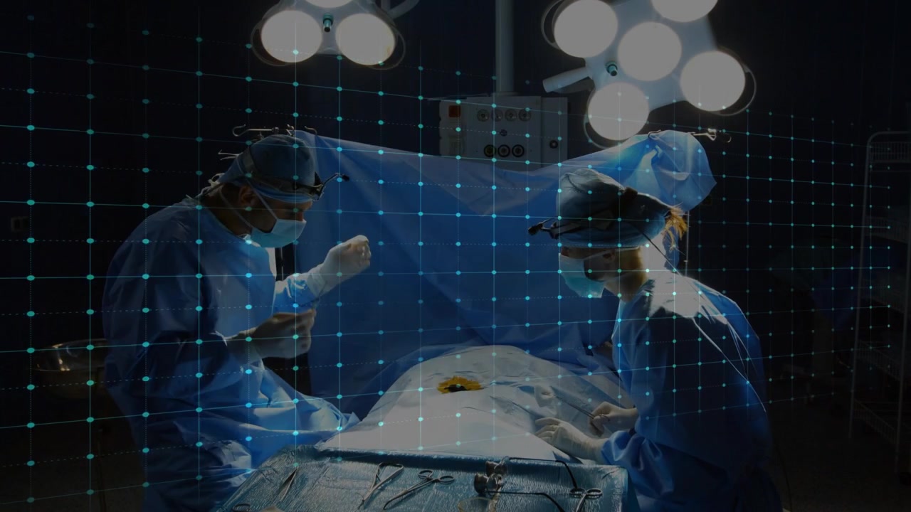 Pulsing blue ECG overlay showing surgeon operating while assistant retracting tissue in OR