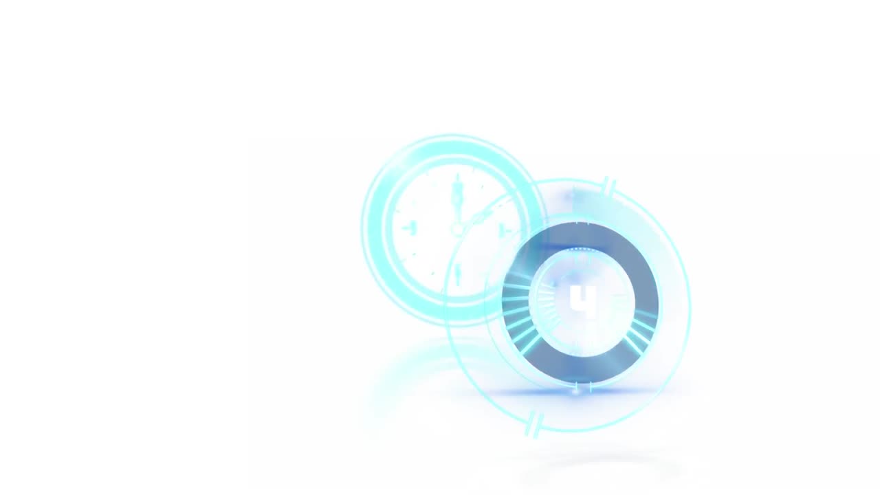 Animation of clock moving fast and scope scanning on white background