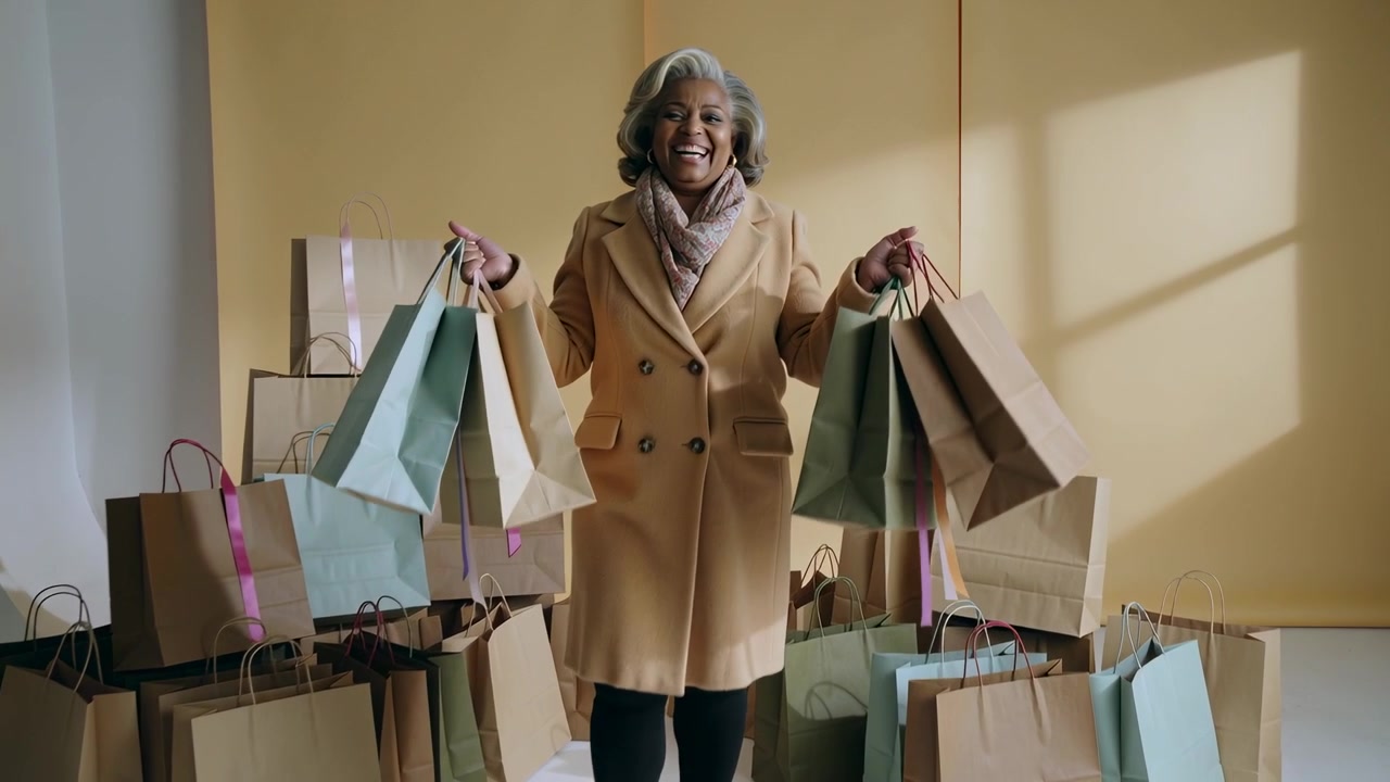 Spostando il peso, una donna anziana solleva borse della spesa in studio, mostrando gli acquisti, indossando cappotto e sciarpa