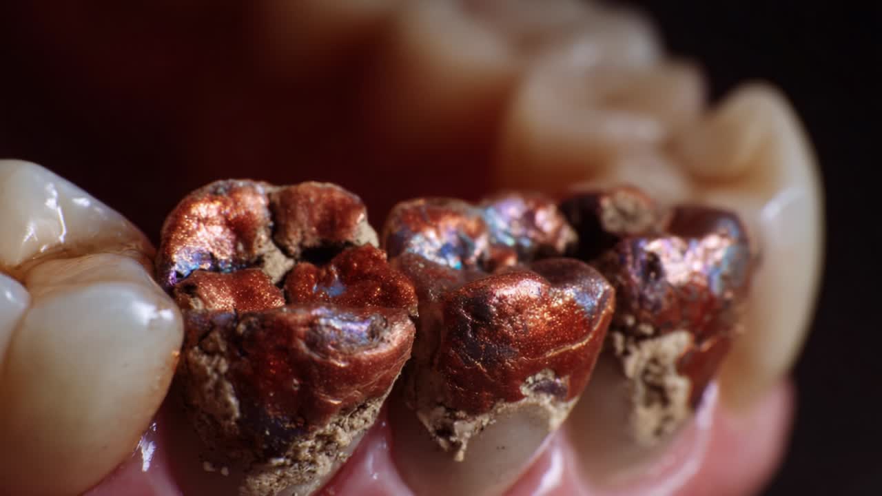 Close-Up Examination of Dental Fillings Revealing Copper-Shaded Amalgam Restorations in Molars, Highlighting Unique Texture and Color Variation Among Dental Work and Natural Teeth Surroundings