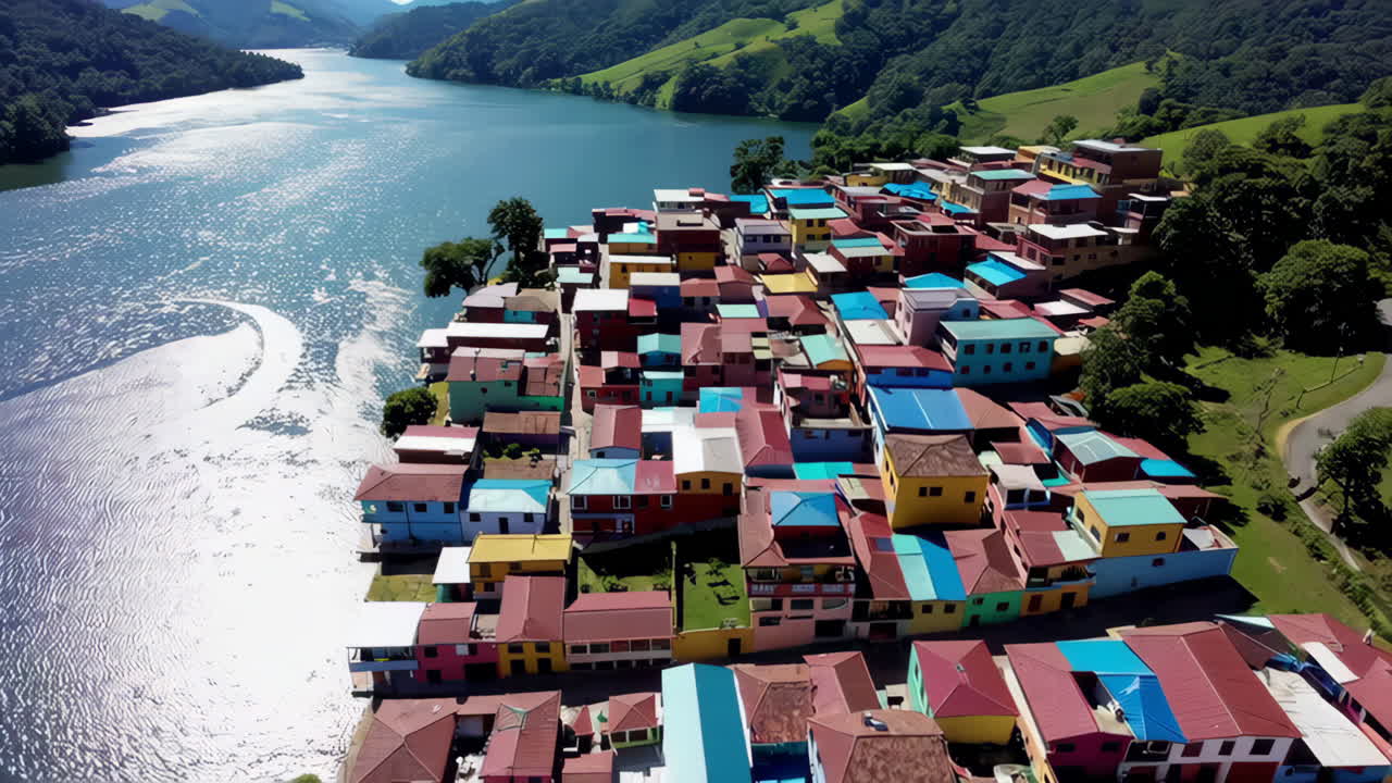 Colorful Lakeside Village in the Mountains