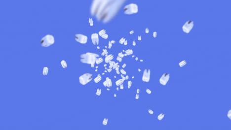 flying many white teeth on blue background. dental care concept. 3d animation of tooth rotating. loop animation.