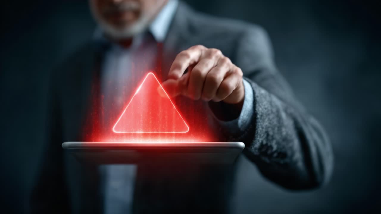 A Professional Engaging with a Virtual Interface, Activating a Futuristic Red Alert Symbol by Touching a Holographic Screen in a Darkened Environment