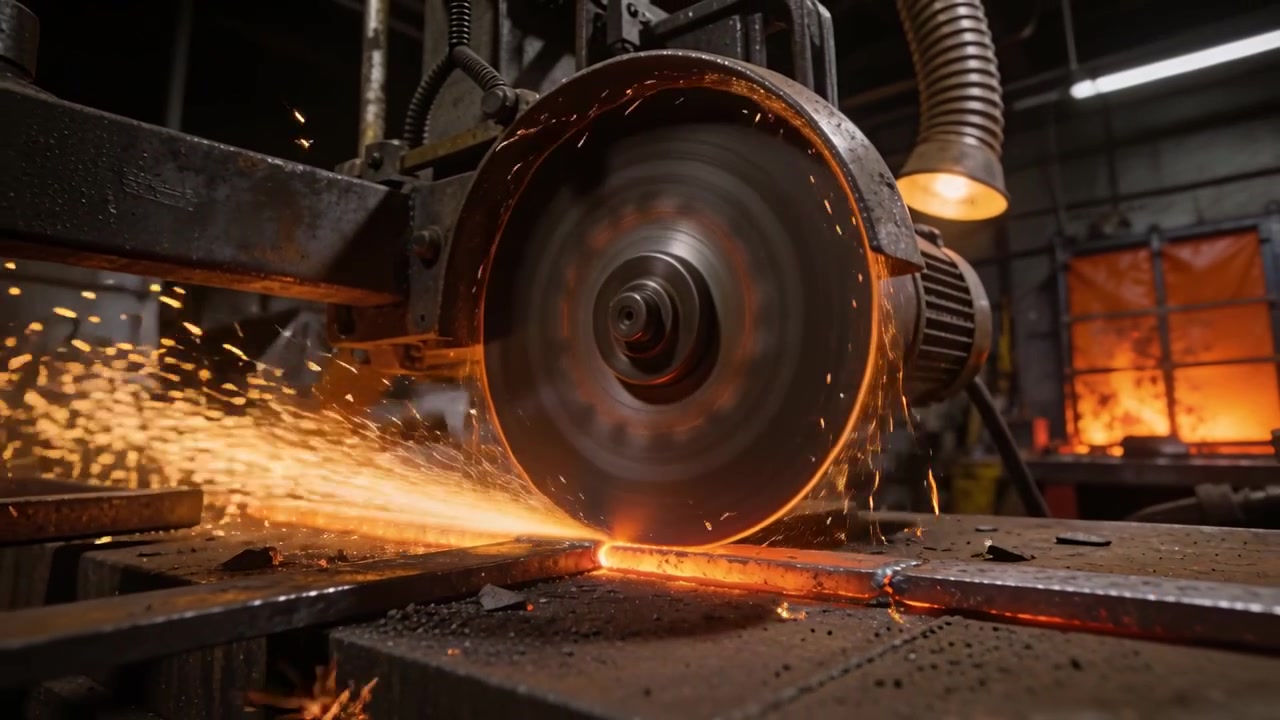Mola da taglio che preme e taglia una barra d'acciaio incandescente in fabbrica, separando il metallo per la lavorazione.