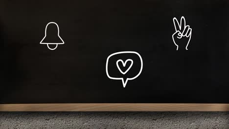 animation of icons of bell hand and a speech bubble with heart flickering on black background