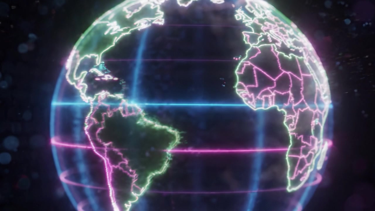Una visione vibrante della Terra: un globo dinamico evidenziato al neon che ruota attraverso diversi continenti, mostrando caratteristiche geografiche e connettività globale