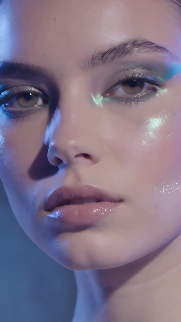 Video verticale: Riprese di una modella che posa e guarda sul set per mostrare trucco metallico e spalle scoperte