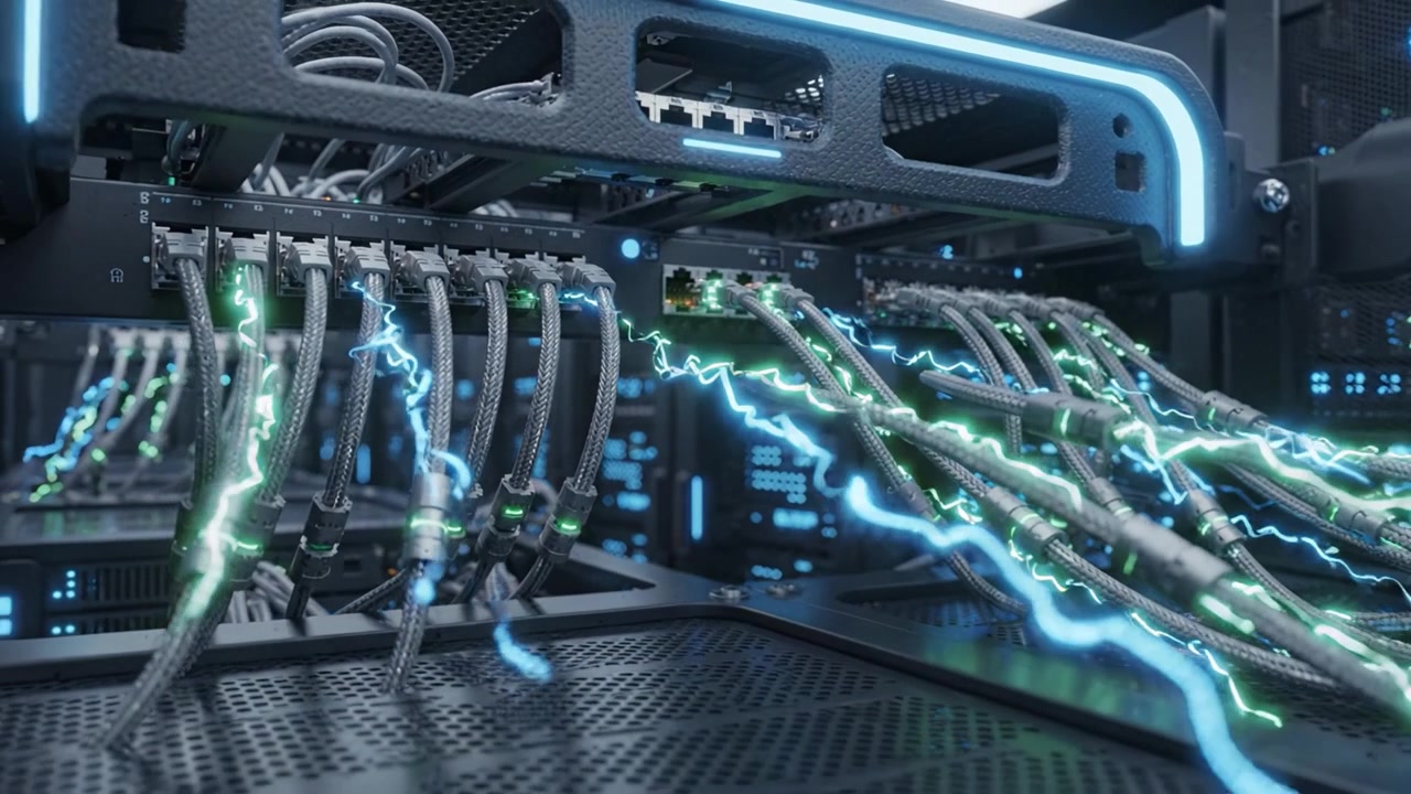 A Detailed View of Advanced Data Center Technology with Illuminated Cables and Network Connections for High-Performance Computing Systems