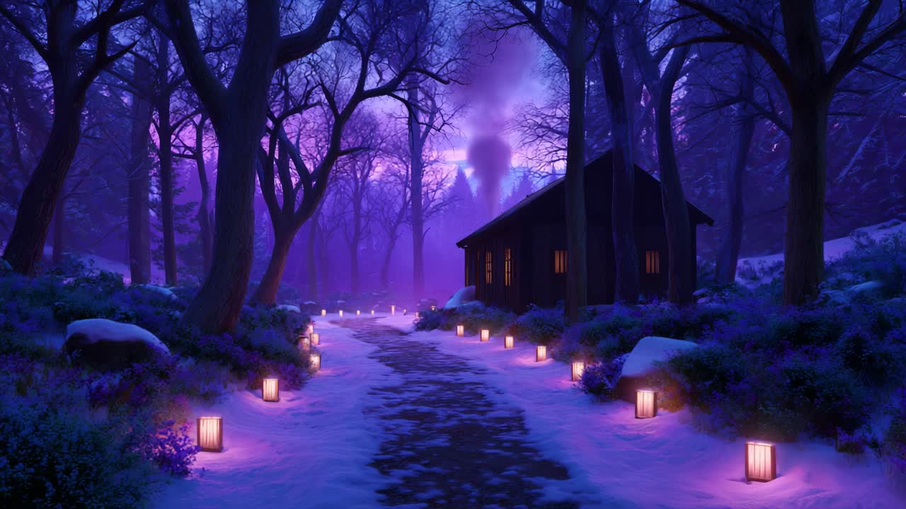 Serene Winter Pathway at Dusk Illuminated by Lanterns with a Cozy Cabin Surrounded by Ethereal Snow-Covered Forest, Creating a Magical and Tranquil Atmosphere in a Dreamlike Landscape
