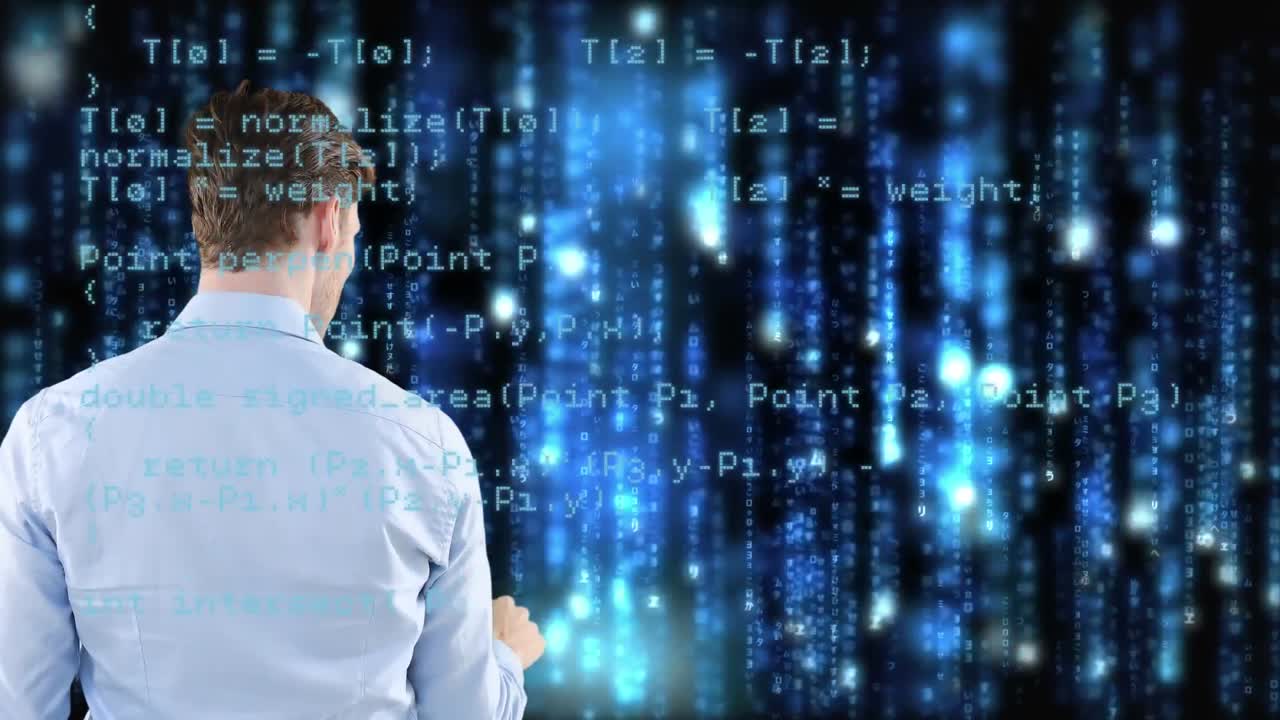 animación de una vista frontal de un hombre caucásico apuntando con el dedo en una pantalla digital con procesamiento