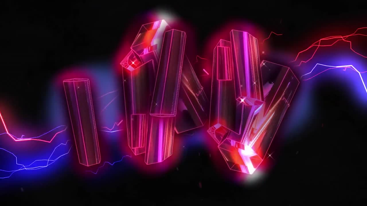 animación de barras metálicas rosadas flotando, con corrientes eléctricas rojas y azules brillantes en negro