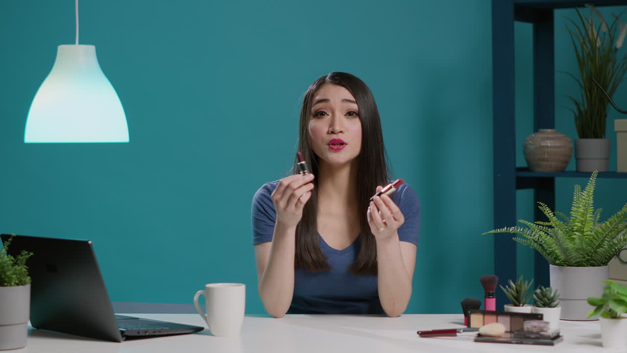 POV of asian influencer doing lipstick recommendation