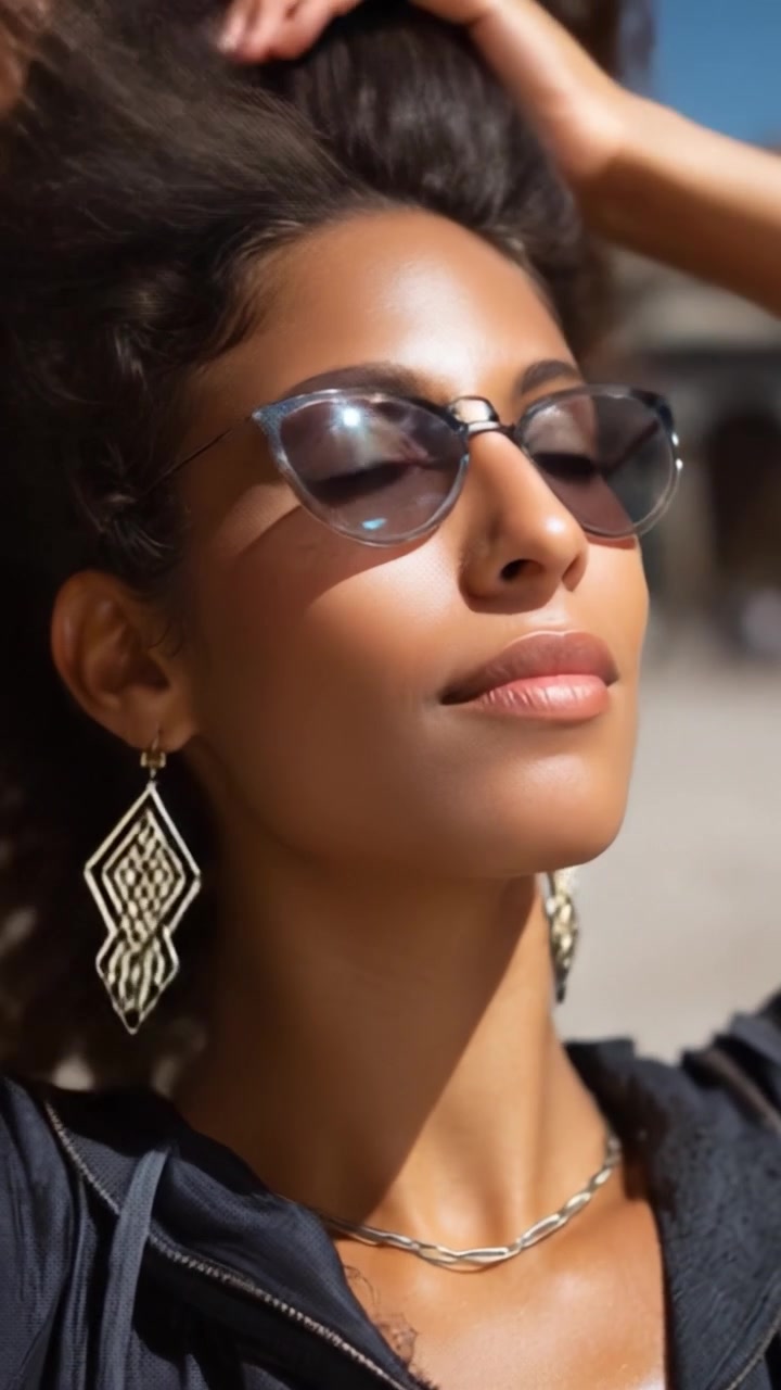 Un ritratto elegante di una donna con capelli ricci, orecchini raffinati e occhiali da sole, che irradia sicurezza e bellezza sotto un cielo azzurro brillante.
