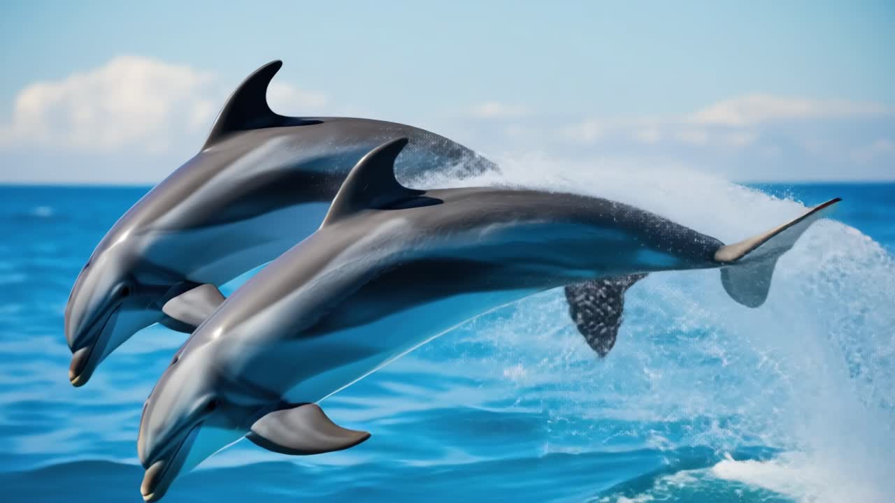 Dynamic video capture of two dolphins leaping in sync over the ocean