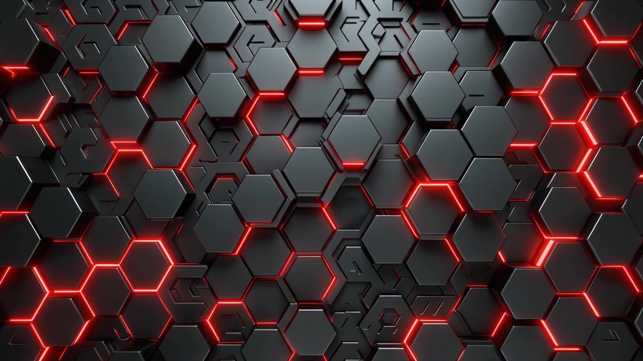 Abstract Background of Moving Black Hexagons with Glowing Red Light