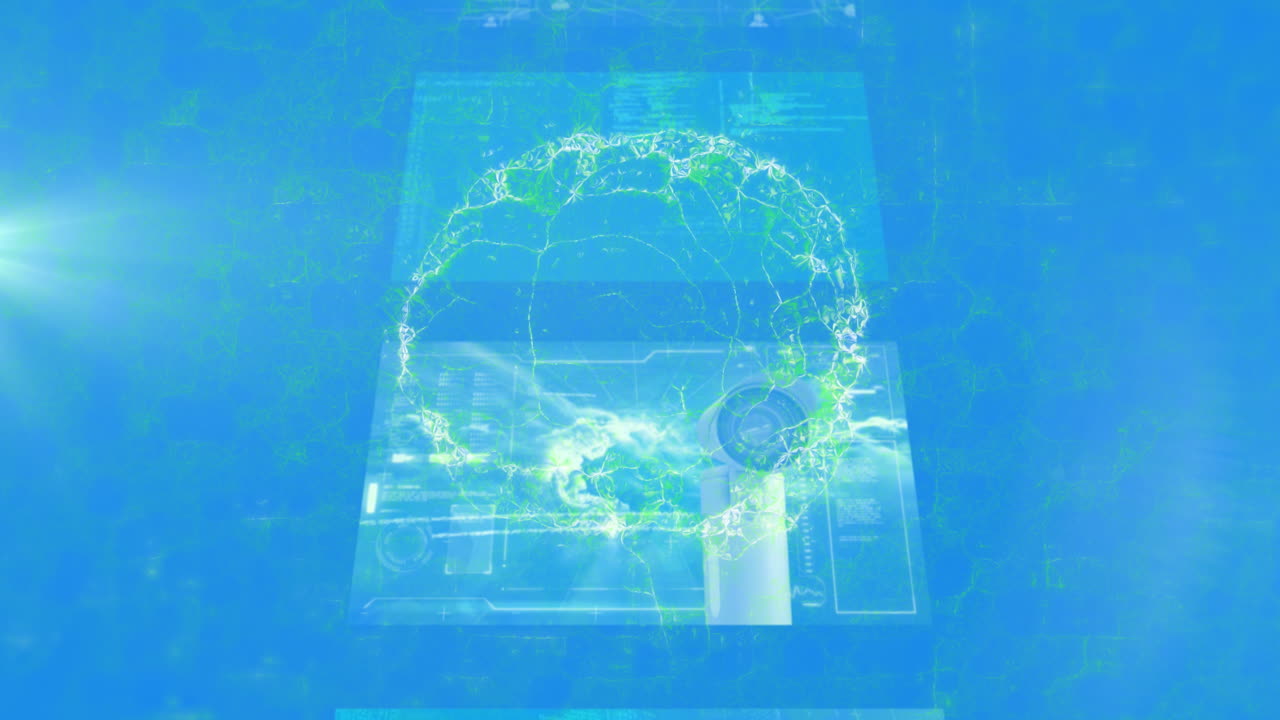 인간의 뇌 회전과 의료 데이터 처리의 애니메이션이 파란색 배경에 있습니다.