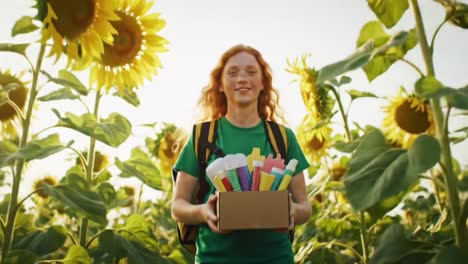 joyful young woman in sunflower field carrying a box of colorful craft supplies, embracing creativity and nature in a vibrant setting during warm sunlight