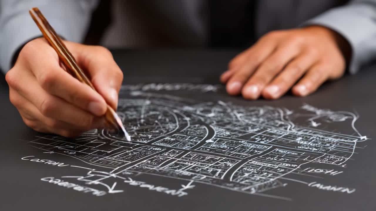 Detailed urban planning in action, showcasing a hand sketching intricacies of a city map, emphasizing the importance of design and strategy in development