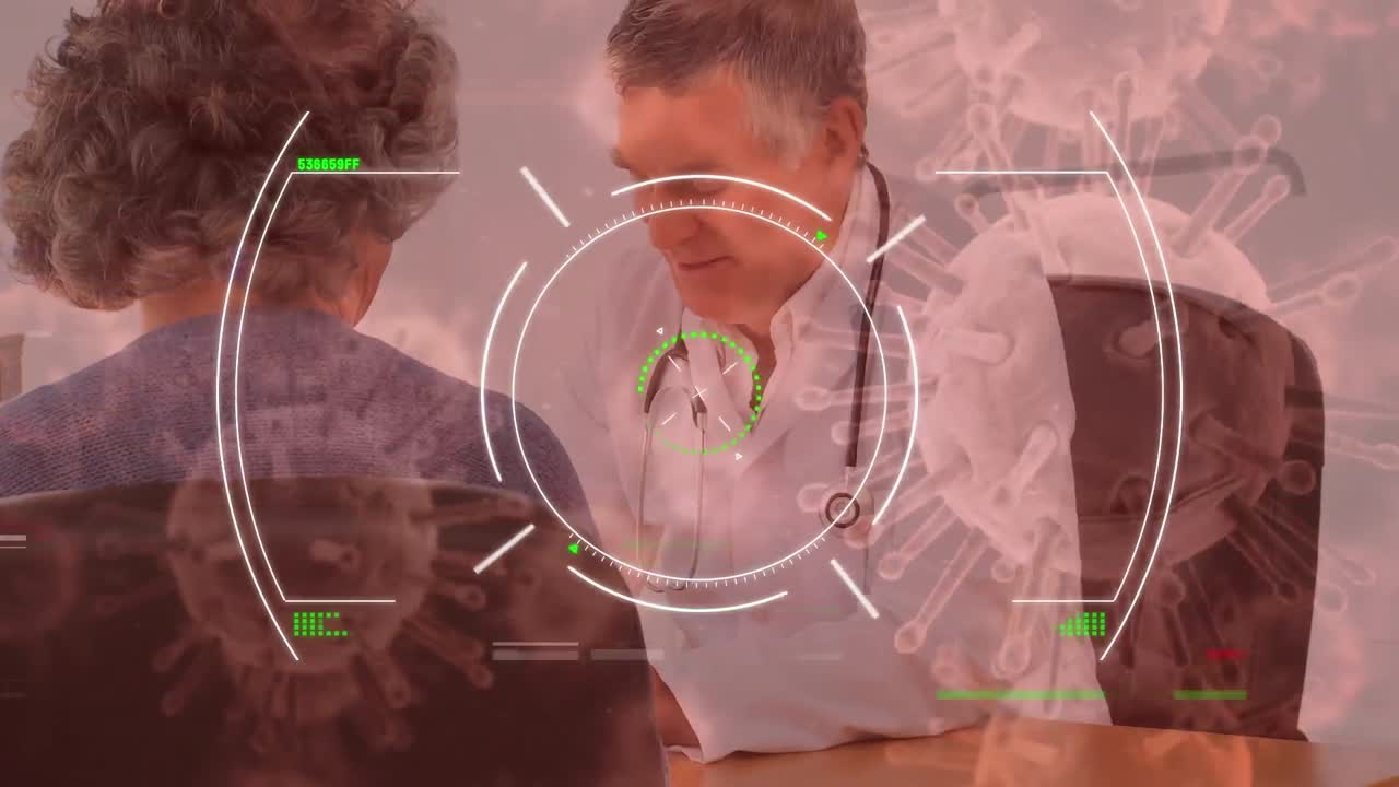 animación de escaneo de alcance y covid-19 extendiéndose sobre el médico hablando con un paciente en el fondo