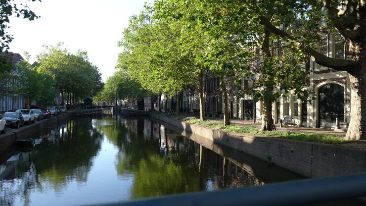 Canale nell'antica città di Gouda a Lage Gouwe, Paesi Bassi - avvicinamento