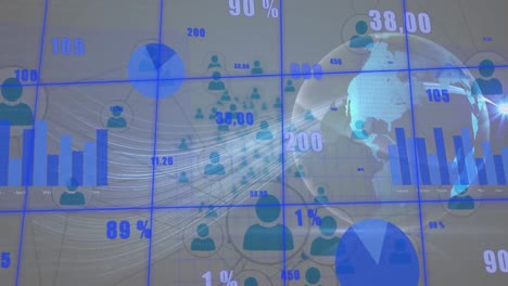 animation of network of profile icons and statistical data processing against spinning globe